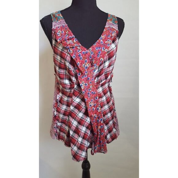 One September Women's Top Shirt S Sleeveless Red Plaid Floral Multi Pattern - Picture 1 of 7